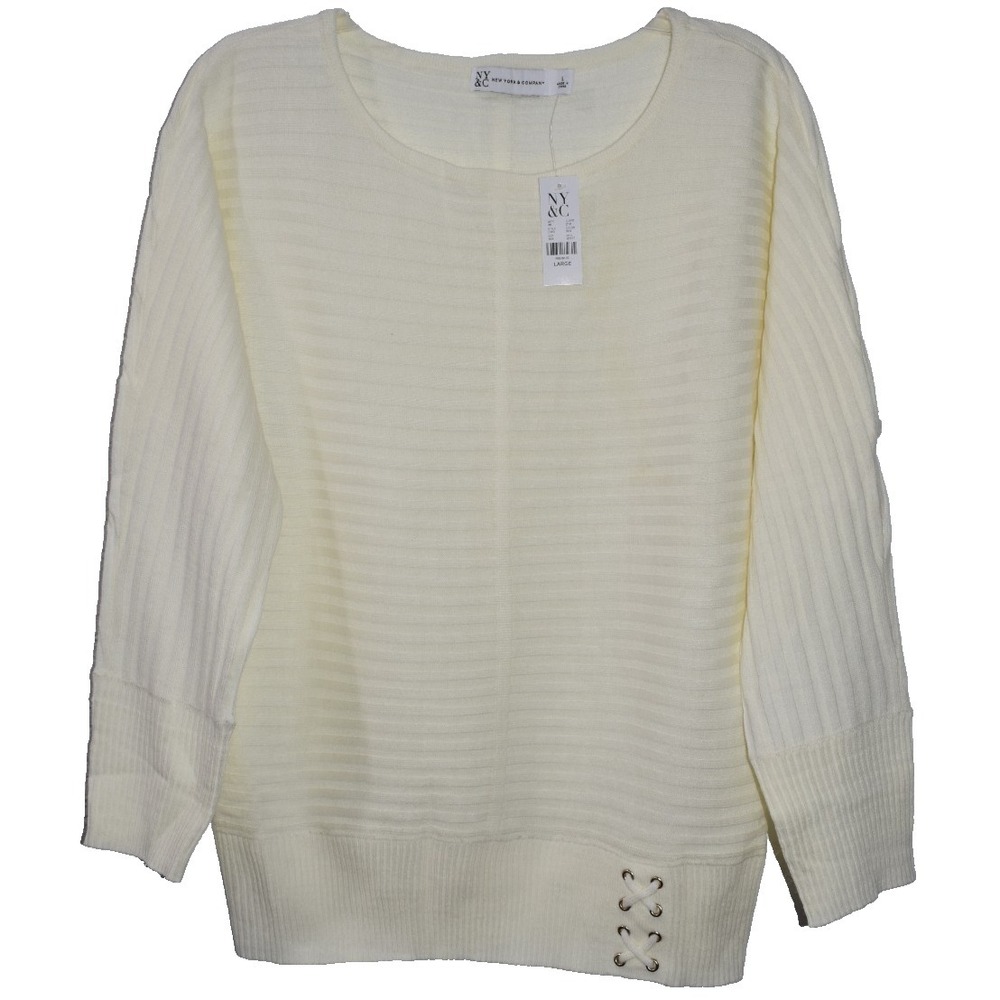 New York & Company Sweater Large Dolman Sleeve Rib Knit Ivory Long Sleeve NEW
